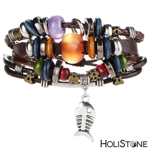 HoliStone Multi Layer Bohemian Leather Bangle with Fish Bone Charm and Wooden Bead Bracelet