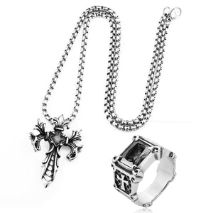 GUNGNEER Christian Cross Pendant Necklace Friar Ring Stainless Steel God Jewelry Outfit Set