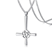 Load image into Gallery viewer, GUNGNEER Stainless Steel Inverted Cross Pentagram Necklace Upside Down Cross Necklace For Men