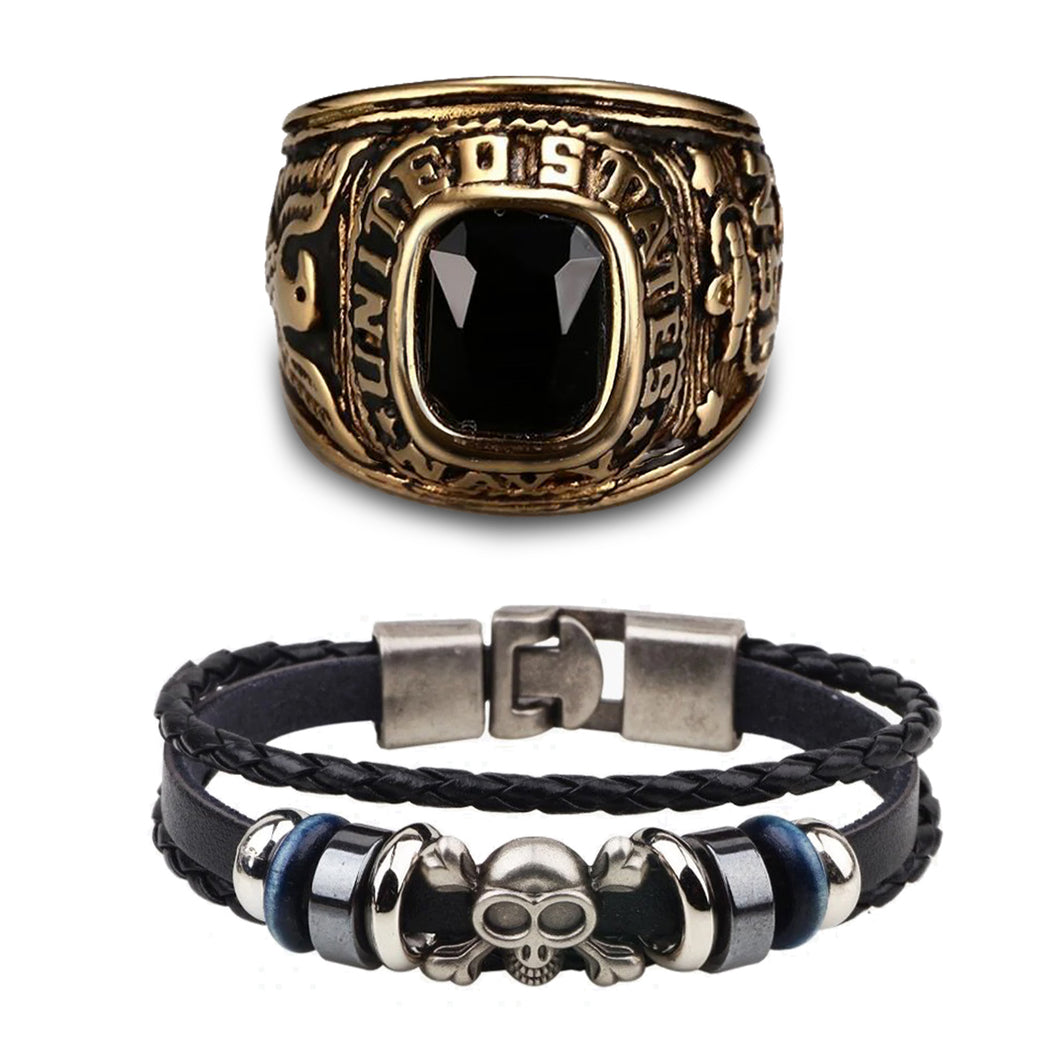 GUNGNEER Stainless Steel Army Navy Seal Ring Leather Skull Bracelet Jewelry Set