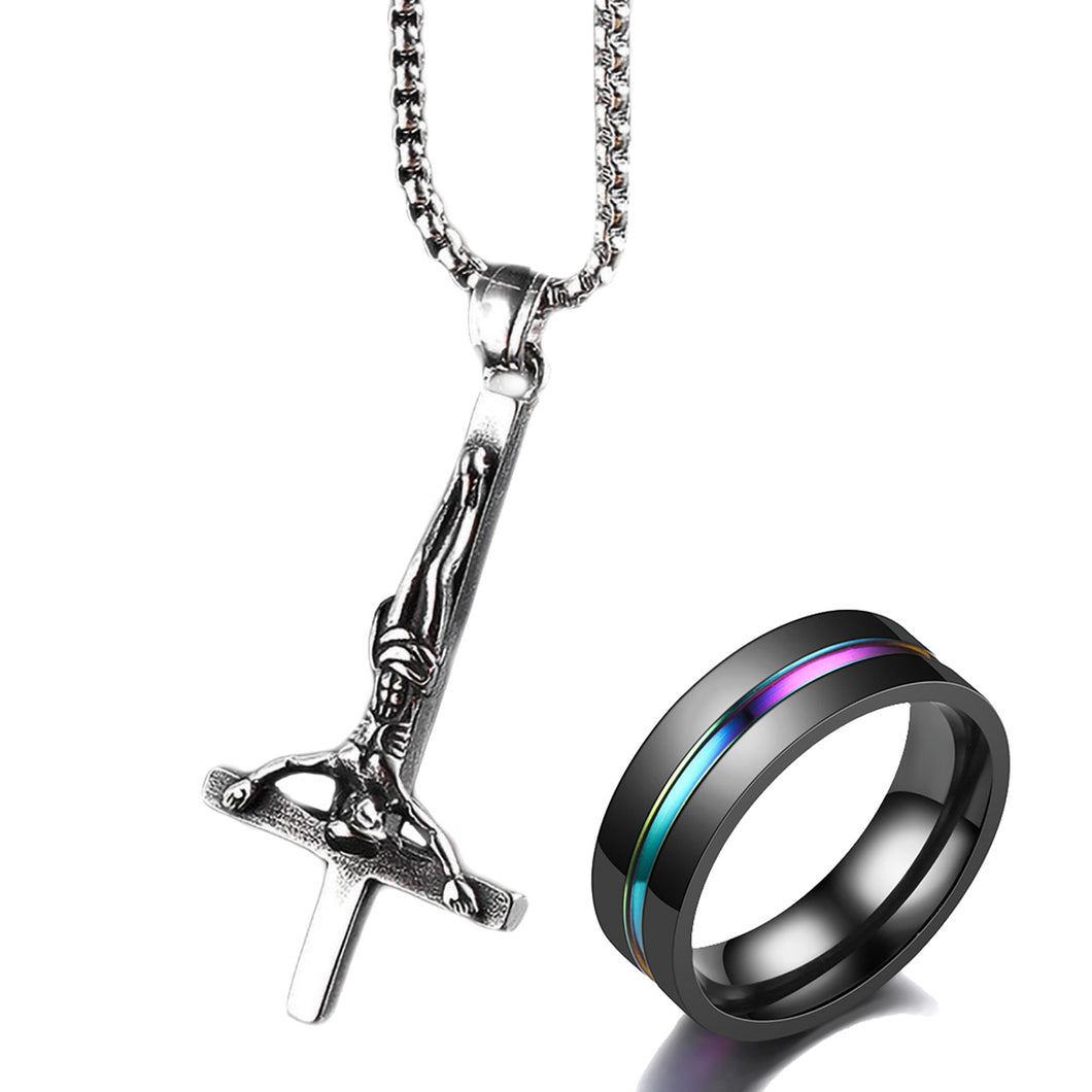 GUNGNEER Jesus Inverted Cross Necklace Stainless Steel Colorful Ring Jewelry Set