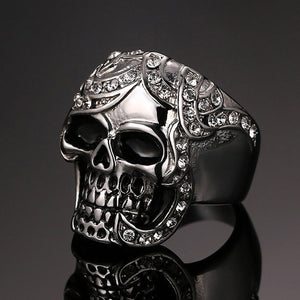 GUNGNEER Ancient Silvertone Skull Head Ring Leather Bracelet Punk Gothic Jewelry Set Men Women
