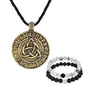 GUNGNEER Celtic Triquetra Viking Runes Pendant Necklace with Beaded Bracelet Jewelry Set