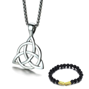 GUNGNEER Celtic Triquetra Pendant Necklace with Beaded Bracelet Stainless Steel Jewelry Set