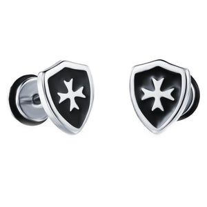 GUNGNEER Knight Templar Cross Shield Stainless Steel Stud Earring with Bracelet Jewelry Set