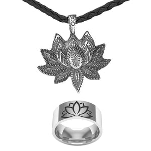 GUNGNEER Strength Mandala Necklace Lotus Flower Ring Jewelry Combo For Men Women