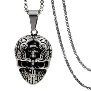 GUNGNEER Stainless Steel Sugar Floral Skull Skeleton Pendant Necklace Ring Biker Jewelry Set