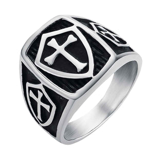 GUNGNEER Stainless Steel Crusaders Knights Templar Cross Shield Ring with Necklace Jewelry Set