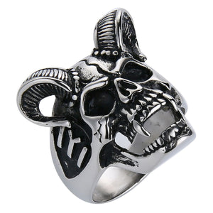 GUNGNEER Stainless Steel Satan Ram Skull Ring Devil Horn Goat Jewelry Accessory For Men