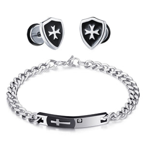 GUNGNEER Knight Templar Cross Shield Stainless Steel Stud Earring with Bracelet Jewelry Set