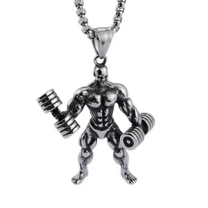 GUNGNEER Stainless Steel Muscle Man Pendant Necklace Dumbbell Fitness Sport Jewelry Men Women