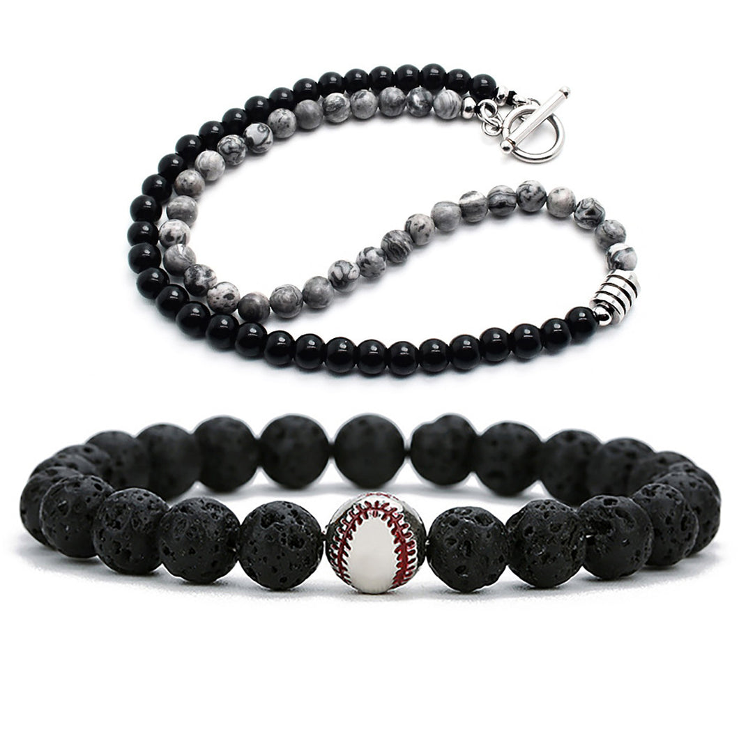 GUNGNEER Trendy Baseball Bead Necklace Stone Sports with Bracelet Jewelry Accessory Men Women