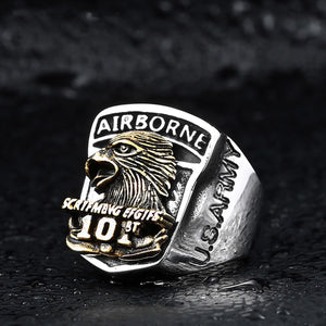 GUNGNEER Men Stainless Steel American Airborne Ring Eagle Necklace US Army Biker Jewelry Set