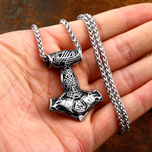GUNGNEER 2 Pcs Stainless Steel Thor Hammer Fenrir Wolf Valknut Necklace with Ring Jewelry Set