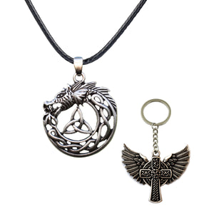 GUNGNEER Celtic Viking Dragon Trinity Knot Pendant Necklace Cross Wings Key Chain Jewelry Set